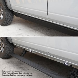 Toyota Tundra Electric Running Boards - Go Rhino - VoltStep Electric, No-Drill, 6 in Width, Dual-Motor, LED Lighting - Black (Bedliner Coating) - `22-`24